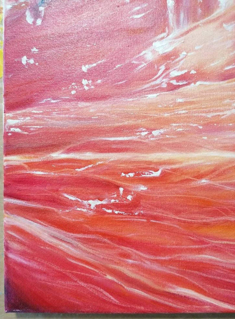 May include: Abstract painting with a red, orange, and white color scheme. The painting features a series of horizontal lines and swirls, creating a dynamic and textured effect.
