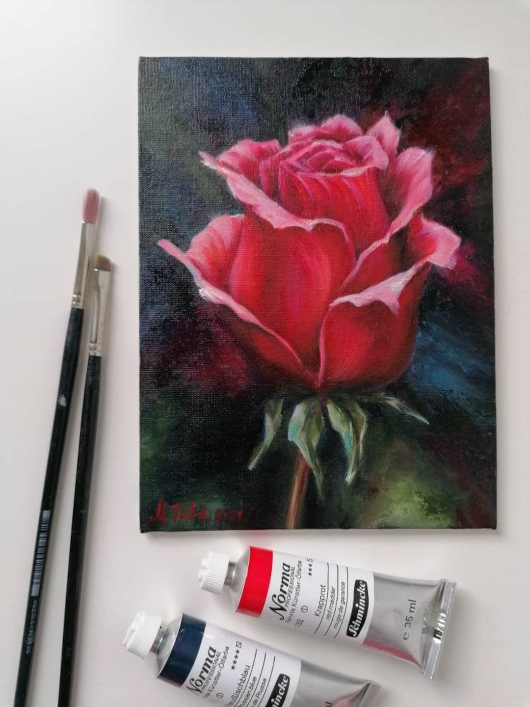 絵画 Red Rose Red Rose on Dark Oil Painting Original Small Painting Fine Art - Etsy