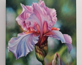 Purple Iris Oil painting on canvas Realistic flower Original art Handmade item Fine art Gift for her