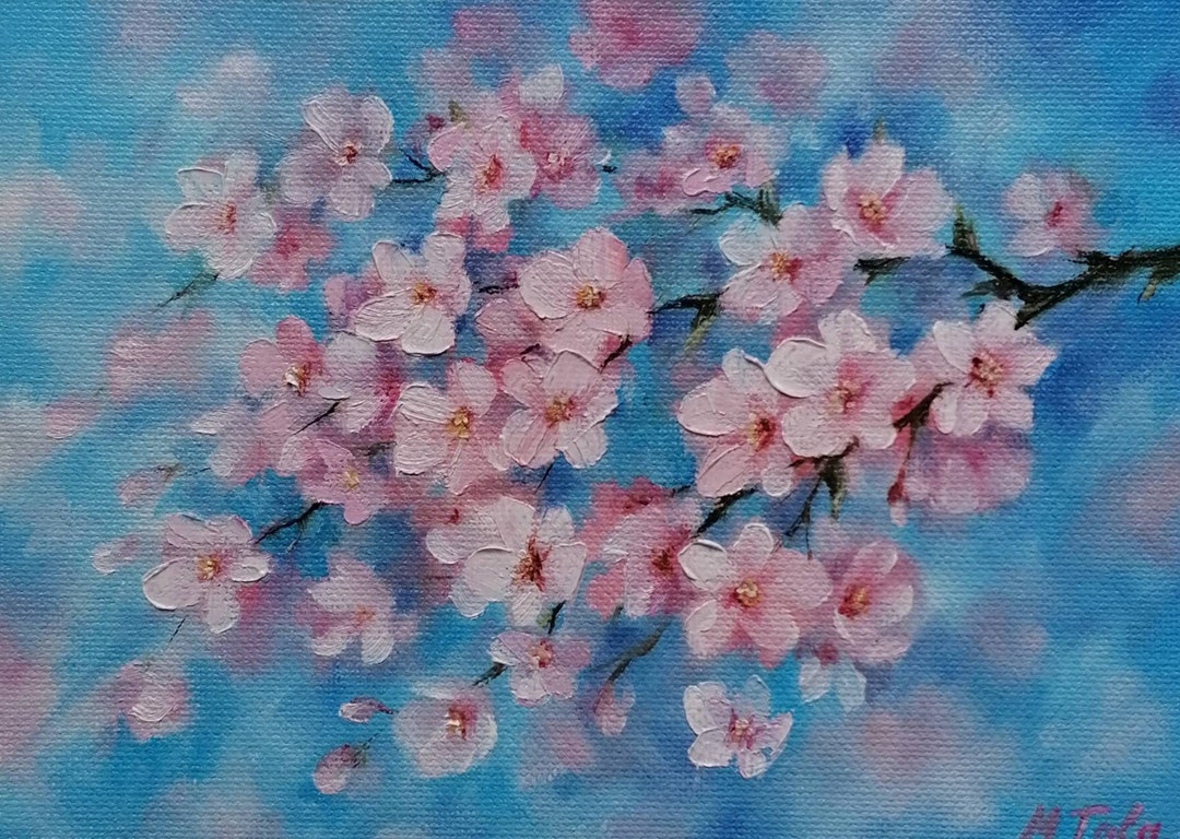 Cherry Blossom Painting Original Floral Pink Flower on Blue Oil on ...