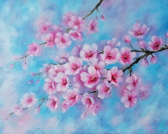 Kirschblüte Malerei Originales Blumenöl auf Leinwand Frühlingsblumen Geschenk für ihre Wand Kunst Wohnkultur