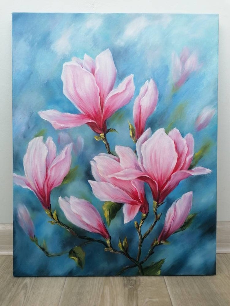 Peinture à lhuile de magnolia sur toile Peinture de fleur originale Art mural image 1