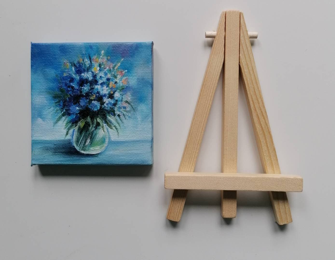 Blue Cornflowers Mini canvas painting with easel still life original Small floral art