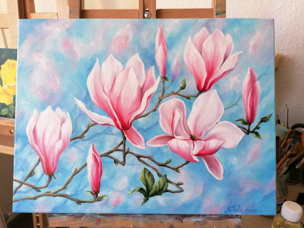 Magnolia Painting Oil on Canvas Original Flower Painting Blossom Branch ...