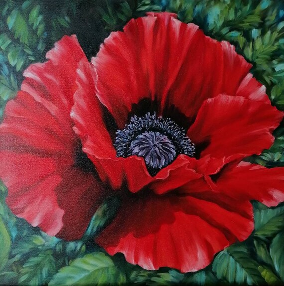 Poppy Original Oil Painting on Canvas - Handmade Floral Art, Fine