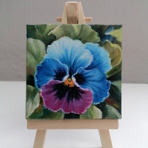 Pansy still life original Small floral oil painting on canvas Tiny oil painting on easel