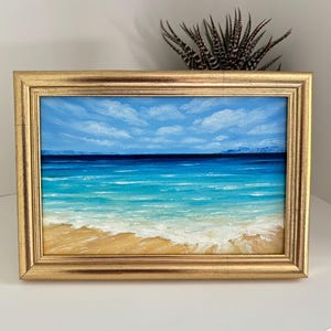 Ocean waves beach small oil painting Miniature Seascape original Wall art Home decor Framed