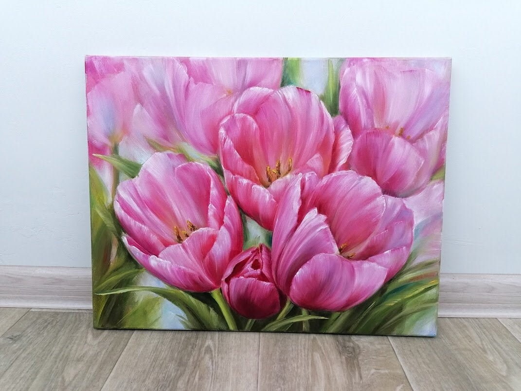 Original Ölgemälde Rosa Tulpe auf Leinwand Geschenk für ihre Wand Kunst Wohnkultur