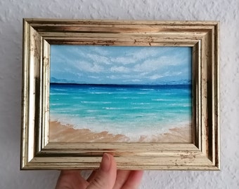 Ocean waves beach small oil painting Miniature Seascape original Wall art Home decor Framed