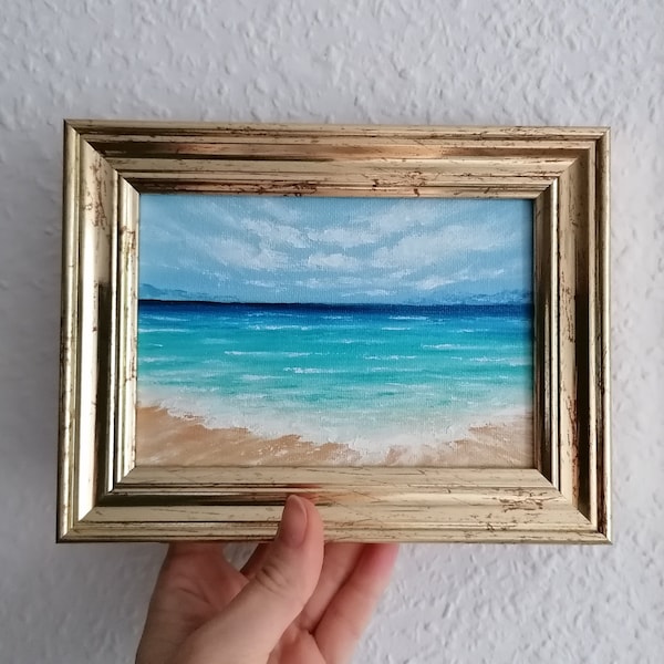 Ocean waves beach small oil painting Miniature Seascape original Wall art Home decor Framed