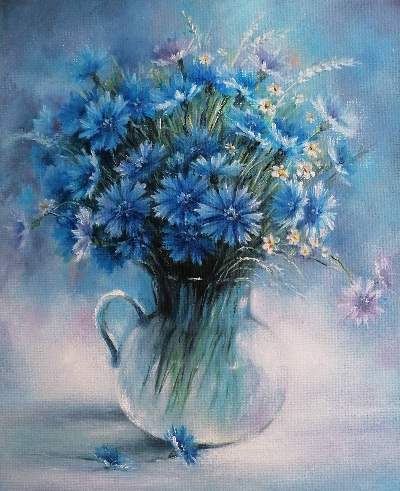 Blue Cornflowers Original Oil Painting on Canvas Floral Still Life