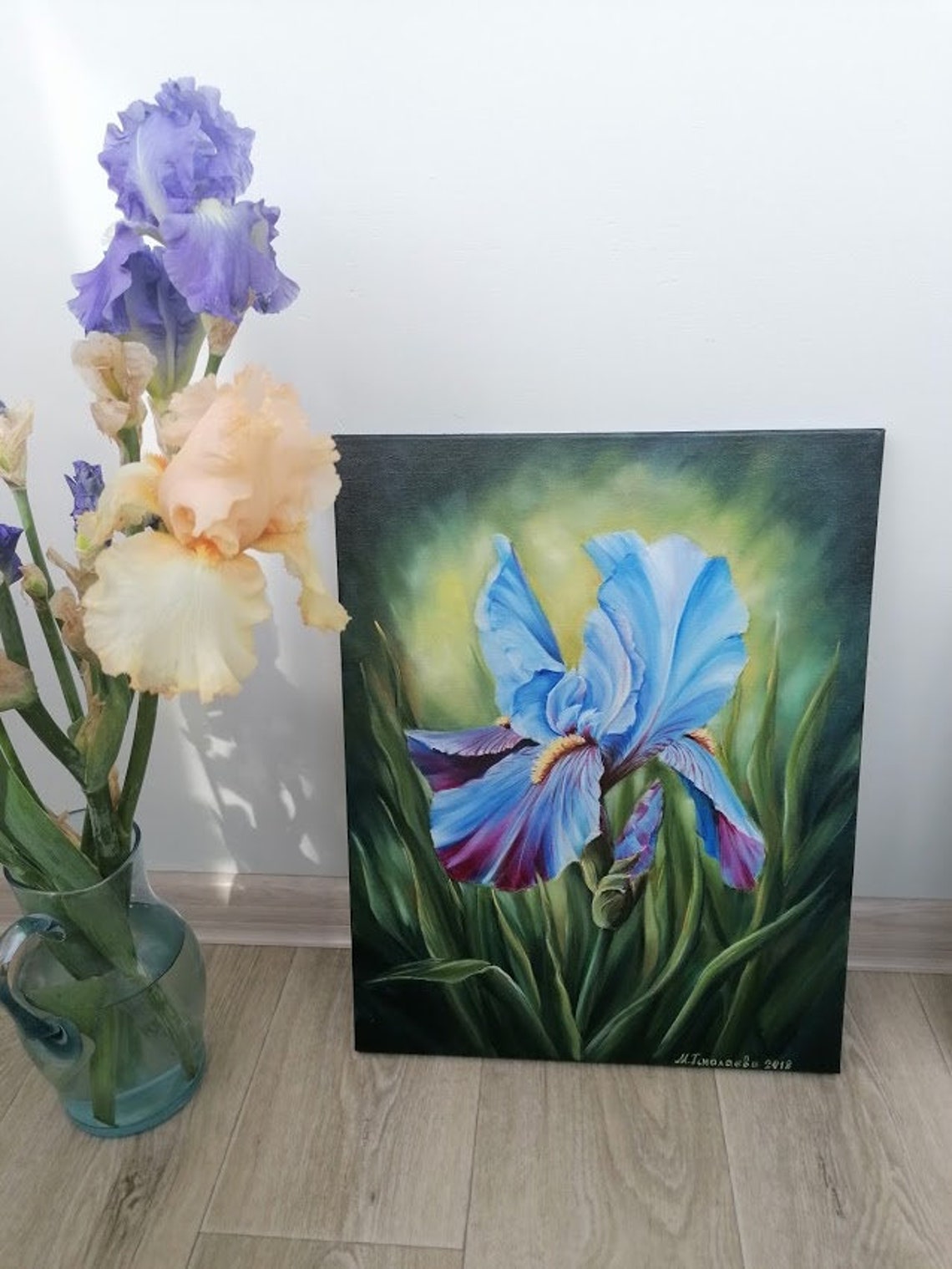 Blue Iris Oil Painting on Canvas Realistic Flower Original Art Handmade ...