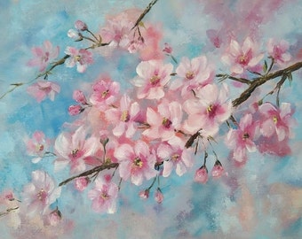 Kirschblüte Malerei Originales Blumenöl auf Leinwand Frühlingsblumen Geschenk für ihre Wand Kunst Wohnkultur