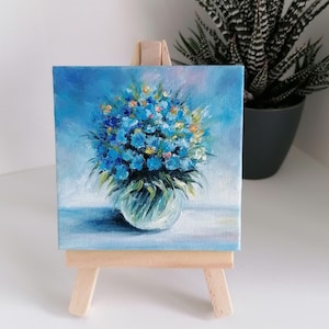 Blaue Kornblumen Mini Leinwand Gemälde mit Staffelei original Kleine Blumen Kunst