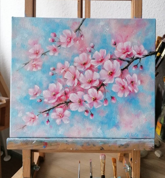 Dipinto ad olio su tela con ramo di pesco, fiore rosa, paesaggio floreale su cartoncino, 8 X 12 pollici - Italia