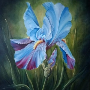 Blue Iris Oil painting on canvas Realistic flower Original art Handmade item Fine art Gift for her