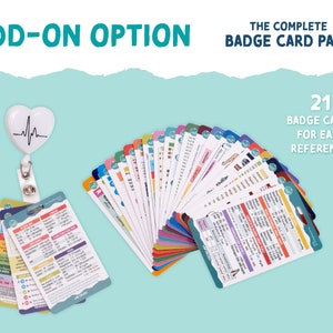 May include: A set of 21 colorful badge cards with a white heart-shaped badge holder with a black EKG line. The badge cards are labeled "The Complete Badge Card Pack" and "21 Badge Cards for Easy Reference".