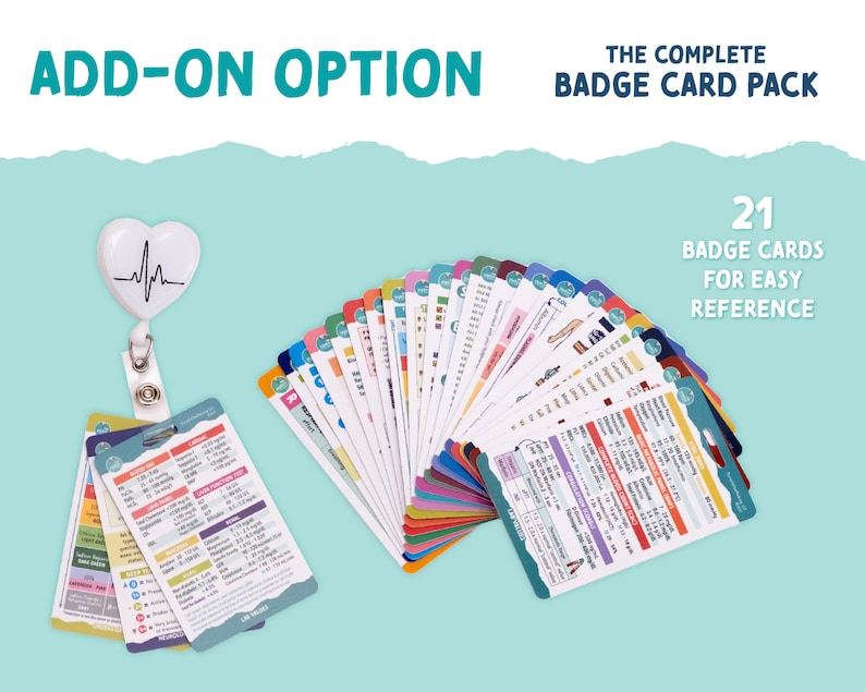 May include: A set of 21 colorful badge cards with a white heart-shaped badge holder with a black EKG line. The badge cards are labeled "The Complete Badge Card Pack" and "21 Badge Cards for Easy Reference".