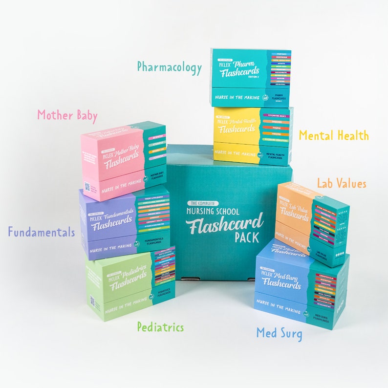 May include: A set of colorful flashcards for nursing school students. The flashcards are organized by subject, including Fundamentals, Mother Baby, Pediatrics, Med Surg, Pharmacology, Mental Health, and Lab Values. The complete set is labeled "The Complete Nursing School Flashcard Pack".