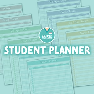 May include: A selection of student planner pages in various shades of blue and green. The pages are designed for course tracking, assignments, and test/quiz tracking. The words "STUDENT PLANNER" are clearly visible.