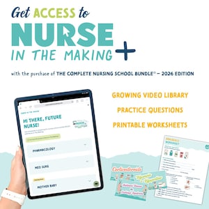 K&ouml;nnte beinhalten: Werbebild f&uuml;r ein Krankenpflegeschul-Bundle. Der Text lautet "Get ACCESS to NURSE IN THE MAKING" und "THE COMPLETE NURSING SCHOOL BUNDLE&reg; - 2026 EDITION." Ein Tablet zeigt eine Website mit "HI THERE, FUTURE NURSE!" und Kursthemen.