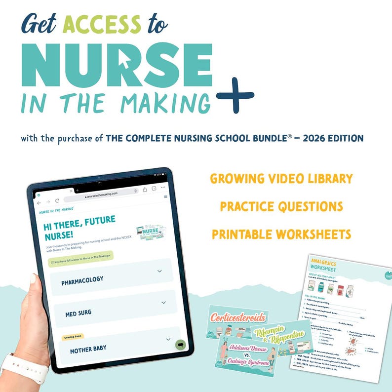 K&ouml;nnte beinhalten: Werbebild f&uuml;r ein Krankenpflegeschul-Bundle. Der Text lautet "Get ACCESS to NURSE IN THE MAKING" und "THE COMPLETE NURSING SCHOOL BUNDLE&reg; - 2026 EDITION." Ein Tablet zeigt eine Website mit "HI THERE, FUTURE NURSE!" und Kursthemen.