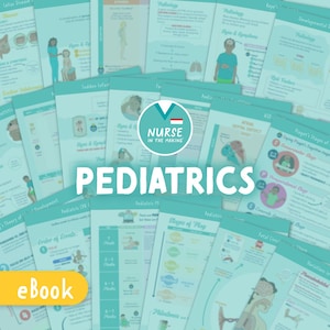 May include: A collection of teal and white pediatric study guides. The guides feature illustrations and text on topics like Celiac Disease, Sudden Infant Death, and Piaget's Stages of Development. The word "PEDIATRICS" is prominently displayed, with an "eBook" button in the corner.