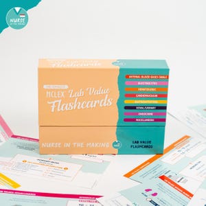 May include: A box set of "NCLEX Lab Value Flashcards" in peach and teal. The box is divided into two sections, with the top section labeled "NCLEX Lab Value Flashcards" and the bottom section labeled "Nurse in the Making". The side of the box lists various medical topics.
