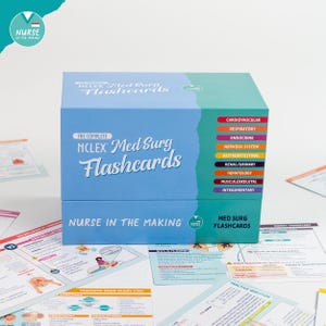May include: A blue and teal box set of "NCLEX Med Surg Flashcards" with the text "Nurse in the Making." The box lists medical topics such as Cardiovascular and Respiratory. Flashcards are scattered around the box.