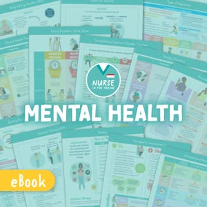Op de afbeelding: Een verzameling educatief materiaal over geestelijke gezondheid. De afbeelding toont verschillende informatieve vellen met titels als "Eetstoornissen", "Angststoornissen" en "Schizofrenie Spectrum Stoornis". De tekst "MENTAL HEALTH" is prominent aanwezig, met een "eBook" label.