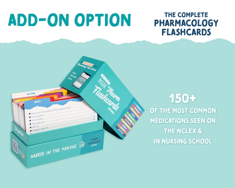 May include: A teal blue box with the text "NCLEX Pharm Flashcards Edition 2" on the front. The box is open and contains a stack of flashcards with the text "Nurse in the Making" on the front. The box is sitting on a teal blue background with the text "The Complete Pharmacology Flashcards" and "150+ of the most common medications seen on the NCLEX & in nursing school".