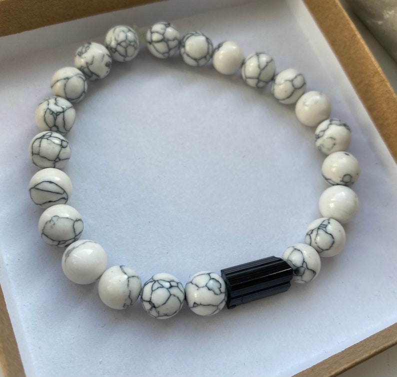 Handmade Crystal Bracelet New Beginnings Black Tourmaline Charm Bracelet White Howlite Insomnia Anxiety Depression Emotional Healing