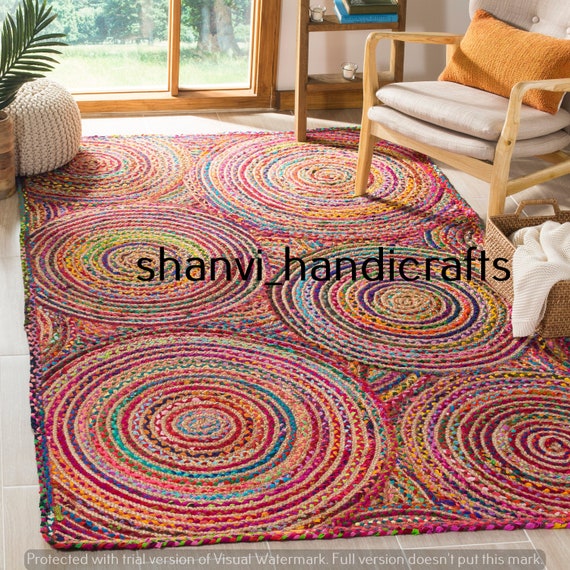 Hand Braided Bohemian Colorful Cotton Chindi Area Rug Multi Colors