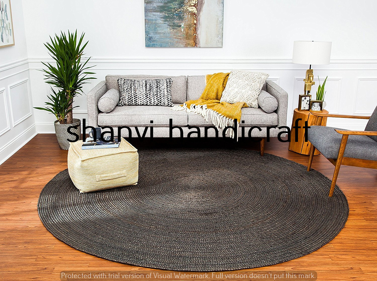 Round Bohemian Braided 5 Feet Rag Rug Living Room Decor Jute Rug Area Rug Carpet 