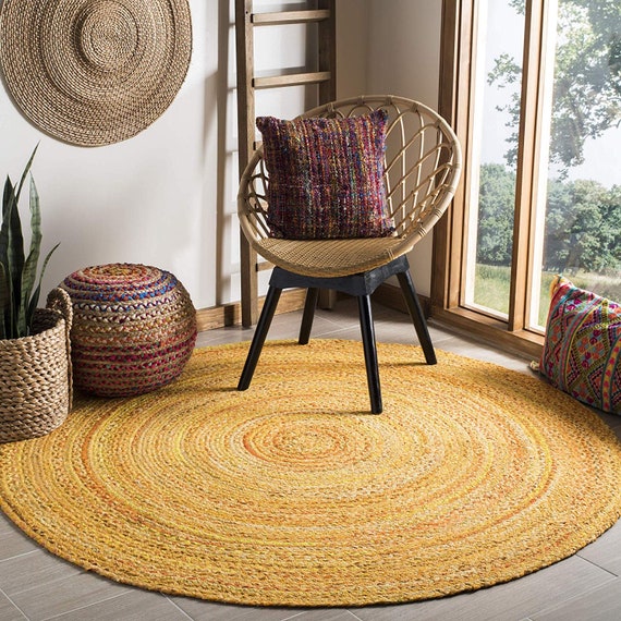 Indian Hand Braided Bohemian Cotton Chindi Area Rug Yellow Color