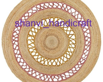 Alfombra redonda de yute natural hecha a mano, alfombra de trapo trenzada india, alfombra de yute tejida a mano india, alfombra de piso redondo, alfombra de área sólida acanalada, hermosa alfombra de piso