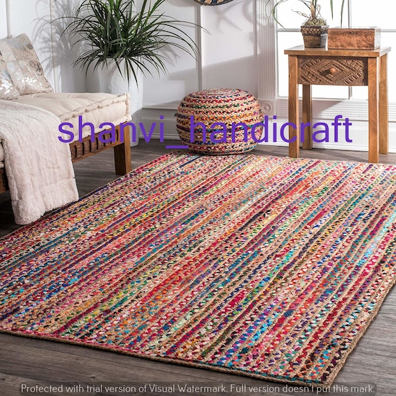Braided Natural & Multi Colour Jute Reversible Round Cotton Rug Floor Decor Rags 