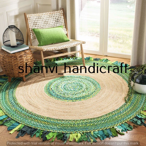 Handmade Round Braided Rug Hand Woven Jute Cotton Rug Multi Chindi Round  Rug Mat