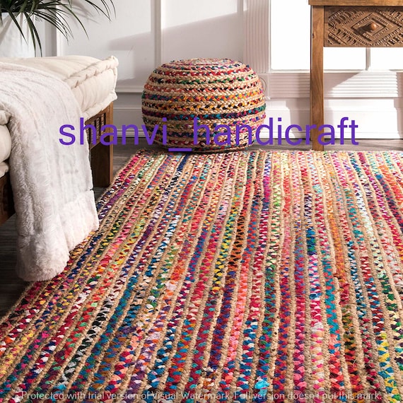 Natural Jute & Cotton Braided Rug Rag Multi Color Floor Decor Rugs