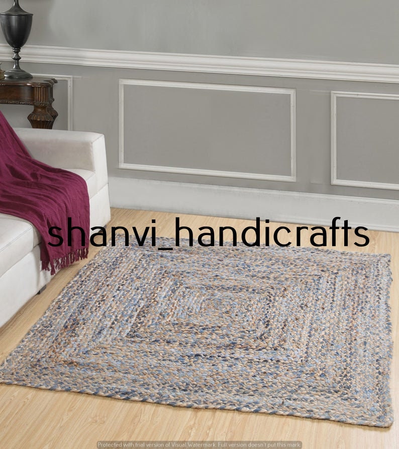 Hand Braided Square Jute Rug Area Square Rug Jute and Denim Etsy