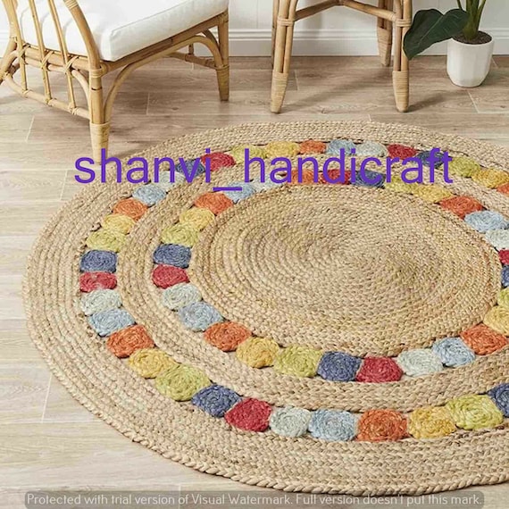 Hand Braided Bohemian Colorful Jute Cotton and Denim Area Rug Home Decor Rugs Floor Decor Carpet