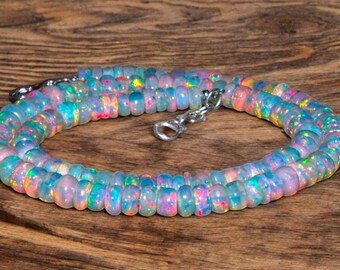 Natural Ethiopian Blue Opal Gemstone Bead Necklace - 16" Wello Fire Opal