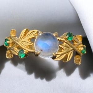 Moonstone Engagement Ring Gold Leaf Emerald Nature Inspired Twig Ring For Her June Birthstone Ring Women