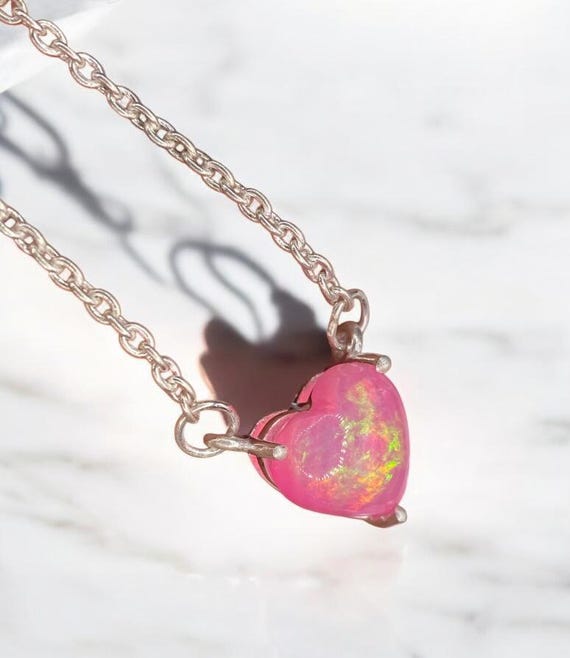 Pink Opal Heart Necklace Sterling Silver October Birthstone
