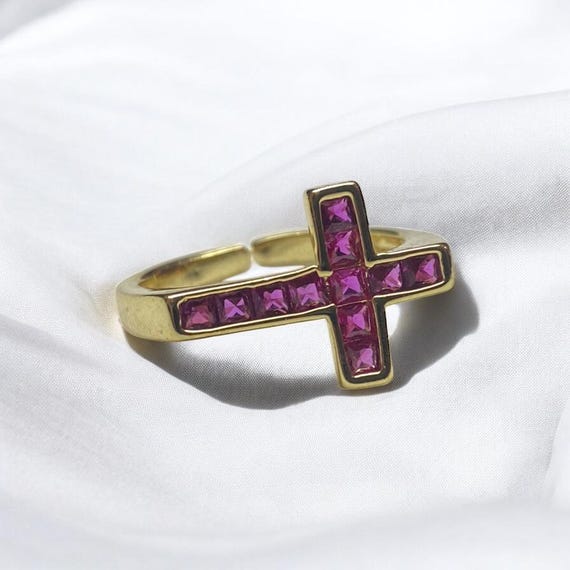 Ruby Cross Ring, July Birthstone Jewelry, Sterling Silver Dainty