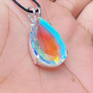 Teardrop Angel Aura Quartz Pendant Necklace – 925 Sterling Silver Rainbow Crystal Jewelry, Everyday Wear Gift