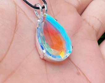 Angel Aura Quartz Pendant, Sterling Silver Pendant, Teardrop Pendant, Teardrop Angel Aura, Designer Pendant, Rainbow Quartz Pendant Necklace