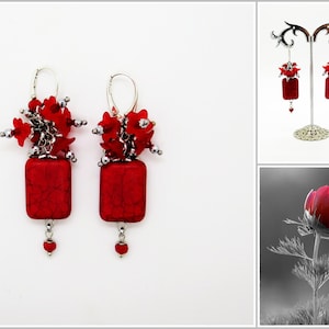 Rote baumeln Türkis Ohrringe, rote Blumen Ohrringe, Sommer Ohrringe, Liebe Tropfen Ohrringe, rote Blumen Geschenke, Geschenke für Frauen, Geschenk für sie
