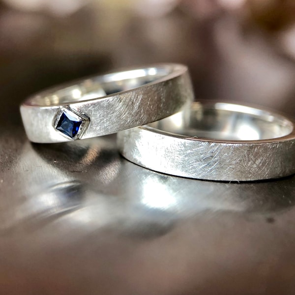 Wedding Rings Wedding Rings Set with Sapphire Silver Brushed Finish