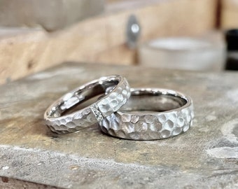 Silver Wedding Rings Set Wedding Rings Set Hammered Surface, Matt Surface